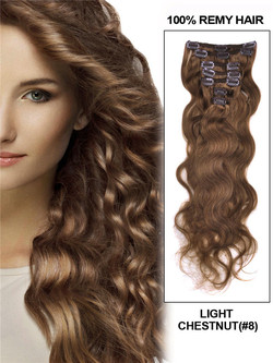 Light Chestnut(#8) Premium Body Wave Clip i hårförlängningar 7 delar