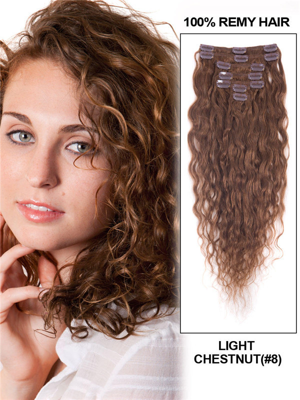 Castaño Claro (#8) Deluxe Kinky Curl Clip En Extensiones De Cabello Humano 7 Piezas-np