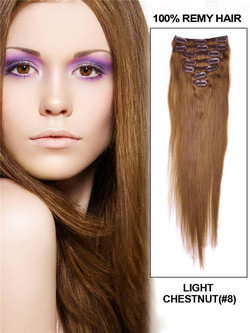 Light Chestnut (#8) Deluxe Straight Clip-in Extensions van echt haar 7 stuks