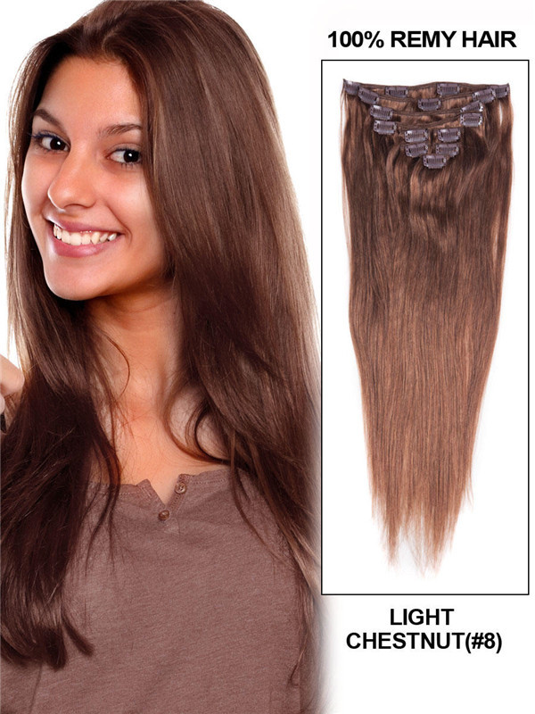 Light Chestnut (#8) Ultimate Straight Clip In Remy Hair Extensions 9 stuks