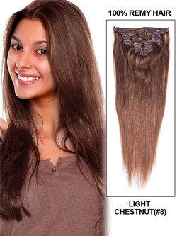 Light Chestnut (#8) Ultimate Straight Clip In Remy Hair Extensions 9 Stück