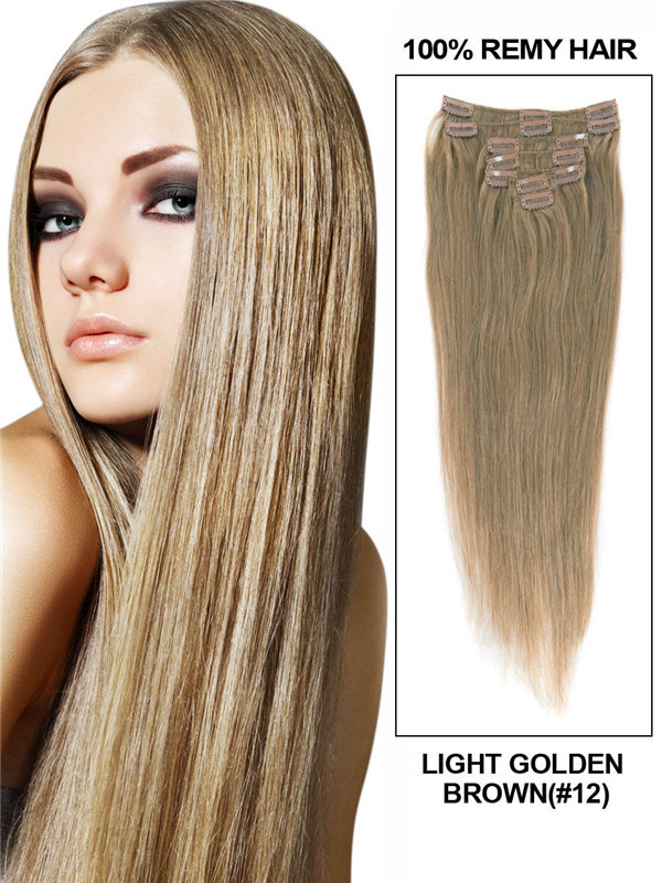 Light Golden Brown(#12) Premium Straight Clip In Hair Extensions 7 Pieces