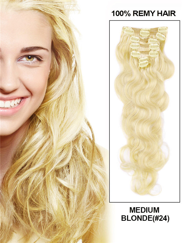 Medium Blonde (#24) Premium Body Wave Clip In Hair Extensions 7 stuks
