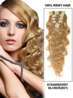 Strawberry Blonde(#27) Deluxe Body Wave Clip i Human Hair Extensions 7 stykker