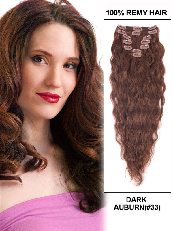 Dark Auburn(#33) Deluxe Kinky Curl Clip In Human Hair Extensions 7 Pieces