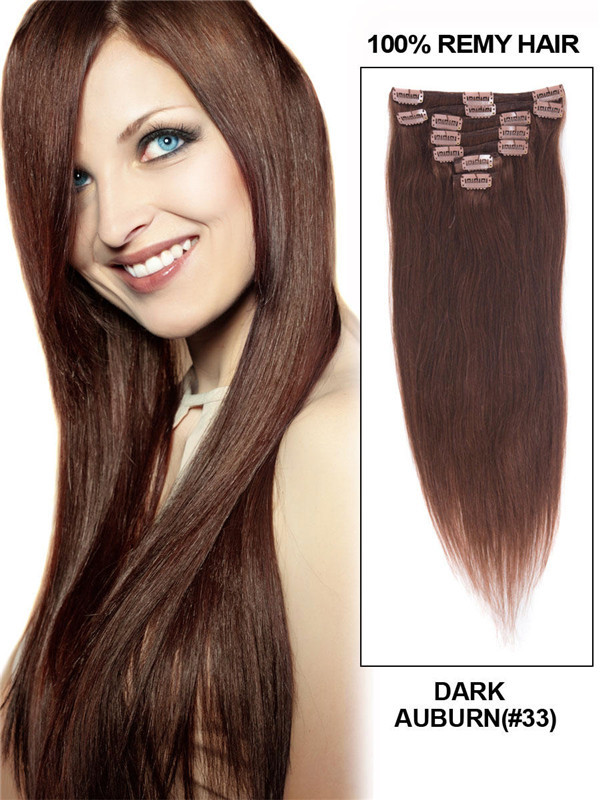 Dark Auburn(#33) Premium Straight Clip In Hair Extensions 7 Pieces