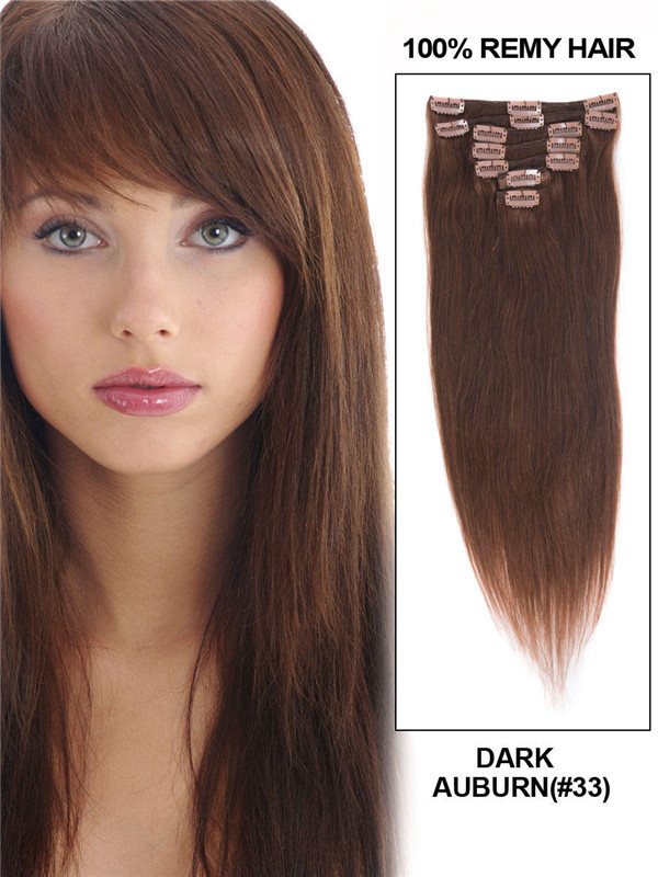 Dark Auburn(#33) Deluxe Straight Clip In Human Hair Extensions 7 Pieces cih086