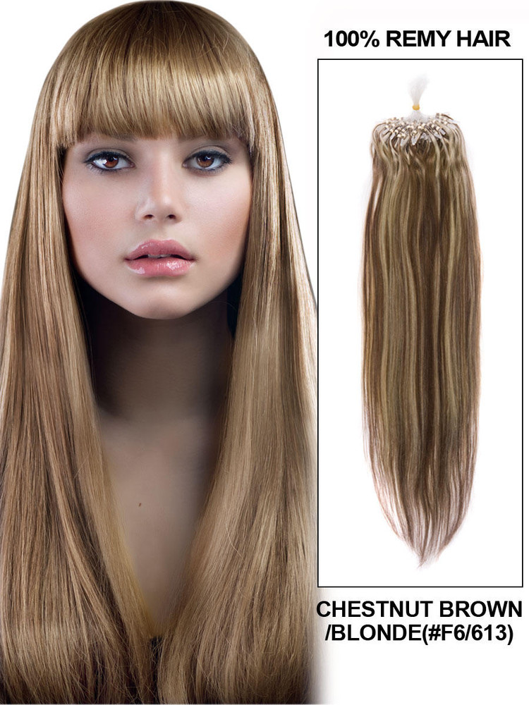 Micro Loop Human Hair Extensions 100 Strengen Zijdeachtig Recht Kastanjebruin/Blond (#F6/613)