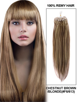 Extensions de cheveux humains Micro Loop 100 mèches droites soyeuses châtain/blond (#F6/613)