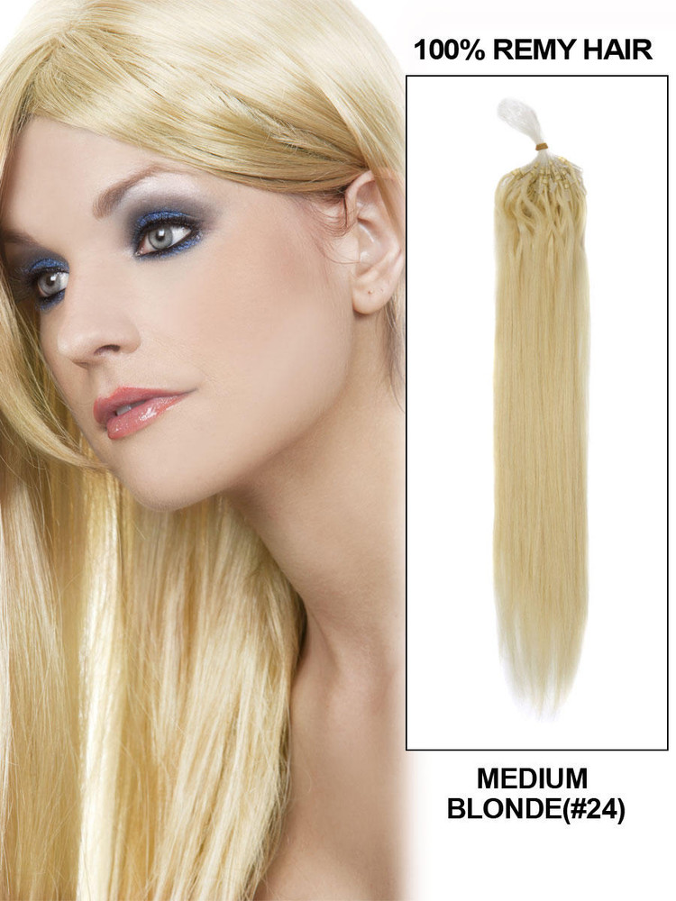 Micro Loop Remy Hair Extensions 100 Strands Silkeslen Rak Medium Blond(#24)