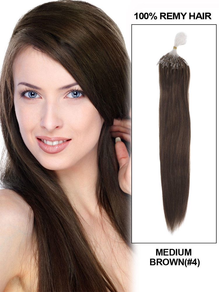 Micro Loop Human Hair Extensions 100 Strands Silkeslen Rak Medium Brun (#4)