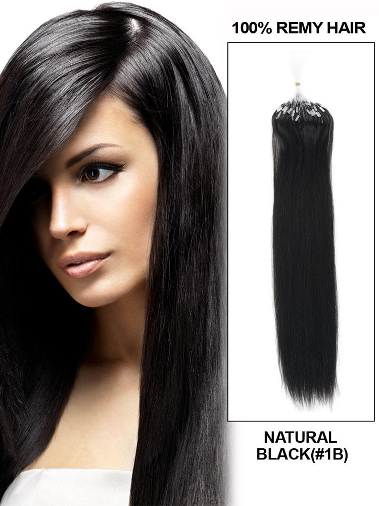 Micro Loop Human Hair Extensions 100 strengen zijdeachtig recht natuurlijk zwart (#1B)