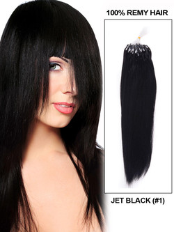 Extensões de cabelo Remy Micro Loop 100 fios preto azeviche(#1) liso sedoso