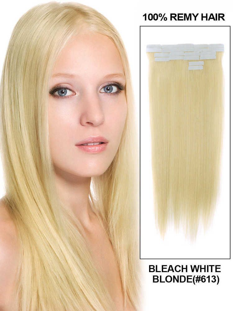 Tape In Echthaar Extensions 20 Stück seidig gerade bleich weiß blond(#613)