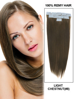 Remy Tape In Hair Extensions 20 bit Silky Straight Light Chestnut(#8)