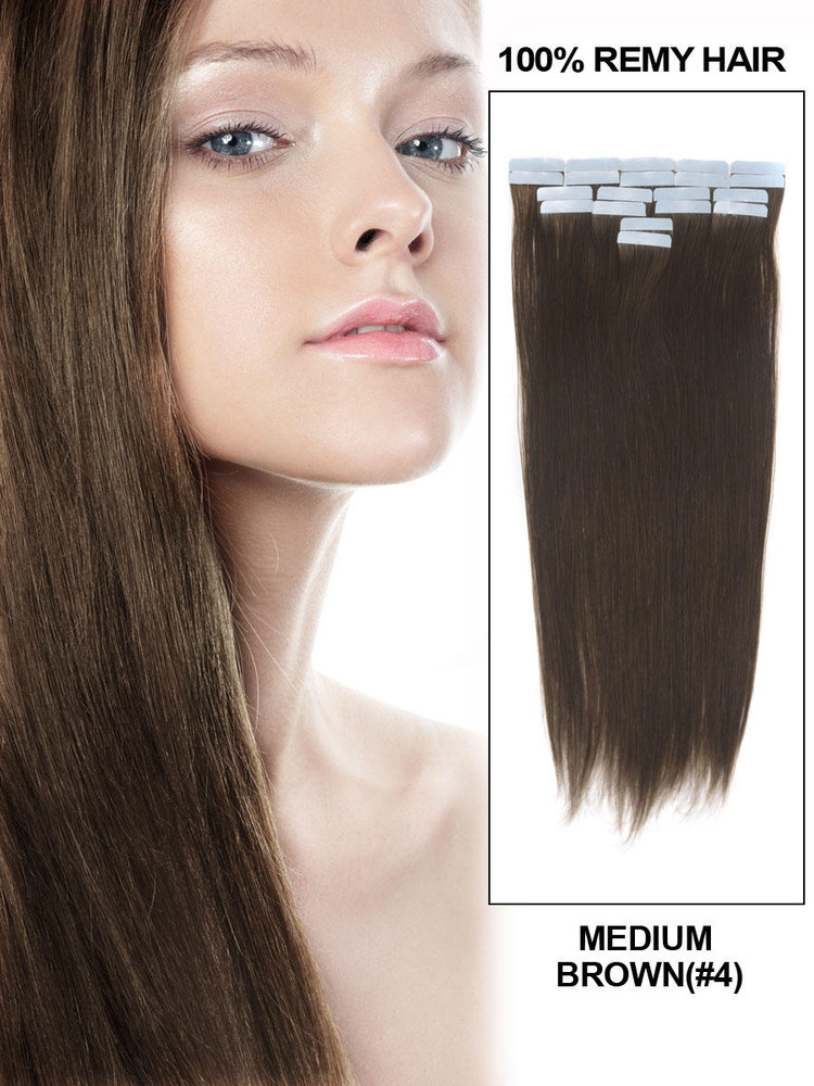 Cinta Remy en extensiones de cabello, 20 piezas, sedoso, liso, marrón medio (#4)