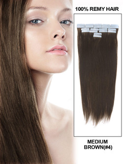 Remy Tape In Hair Extensions 20 pièces Silky Straight Medium Brown (#4)