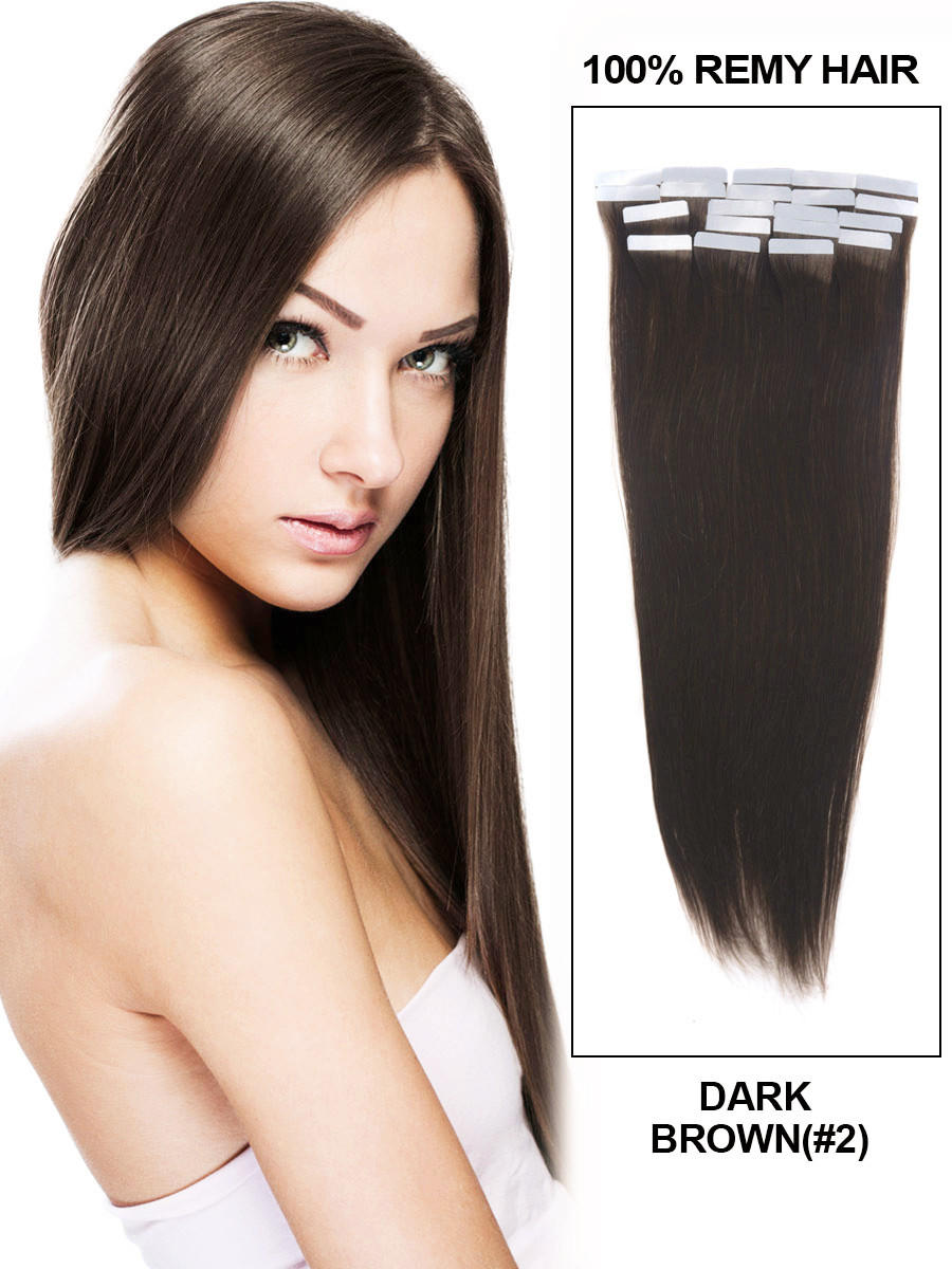 Tape In Remy Hair Extensions 20 Piece Silky Straight Dark  display picture 2