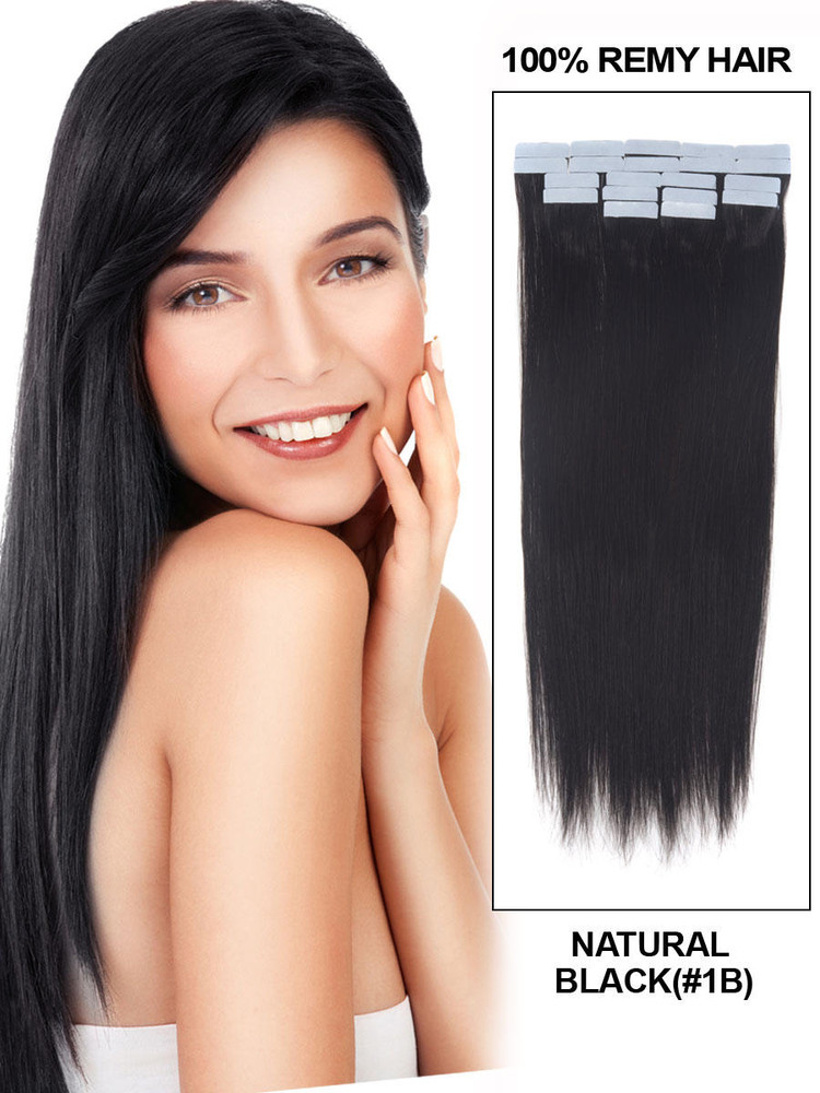 Remy Tape In Hair Extensions 20 Stück Seidiges Glattes Naturschwarz(#1B)