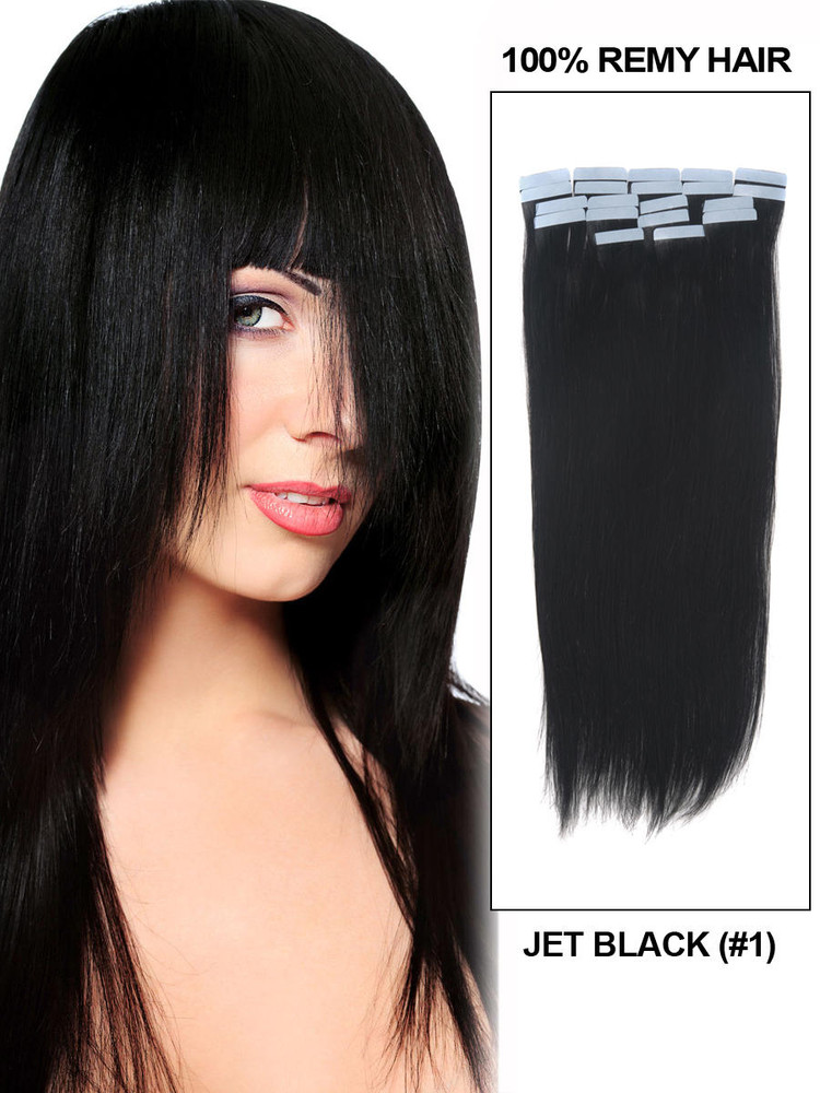 Tape In Remy Hair Extensions 20 deler Silky Straight Jet Black(#1)