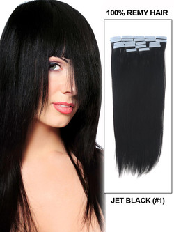 Tape In Remy Hair Extensions 20 Stück Silky Straight Jet Black(#1)