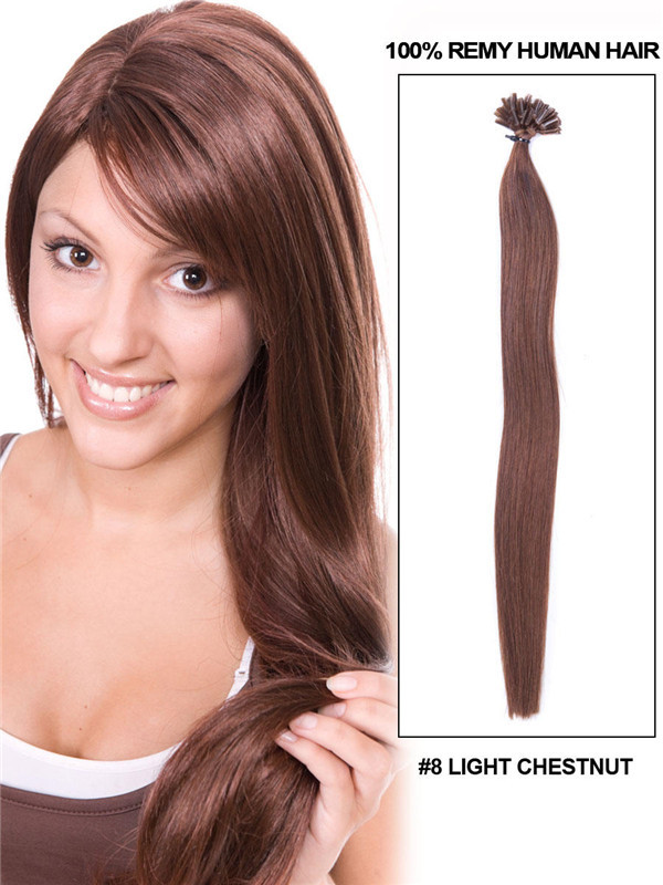 50 delar silkeslen rak nagelspets/U-spets Remy Hair Extensions Light Chestnut(#8)