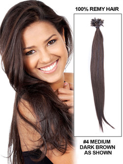50 extensiones de cabello con punta de uñas Remy rectas y sedosas/punta en U marrón medio (#4)