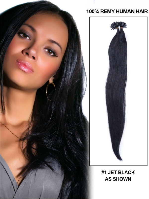50 extensiones de cabello con punta de uñas Remy rectas y sedosas/punta en U, color negro azabache (n.º 1)